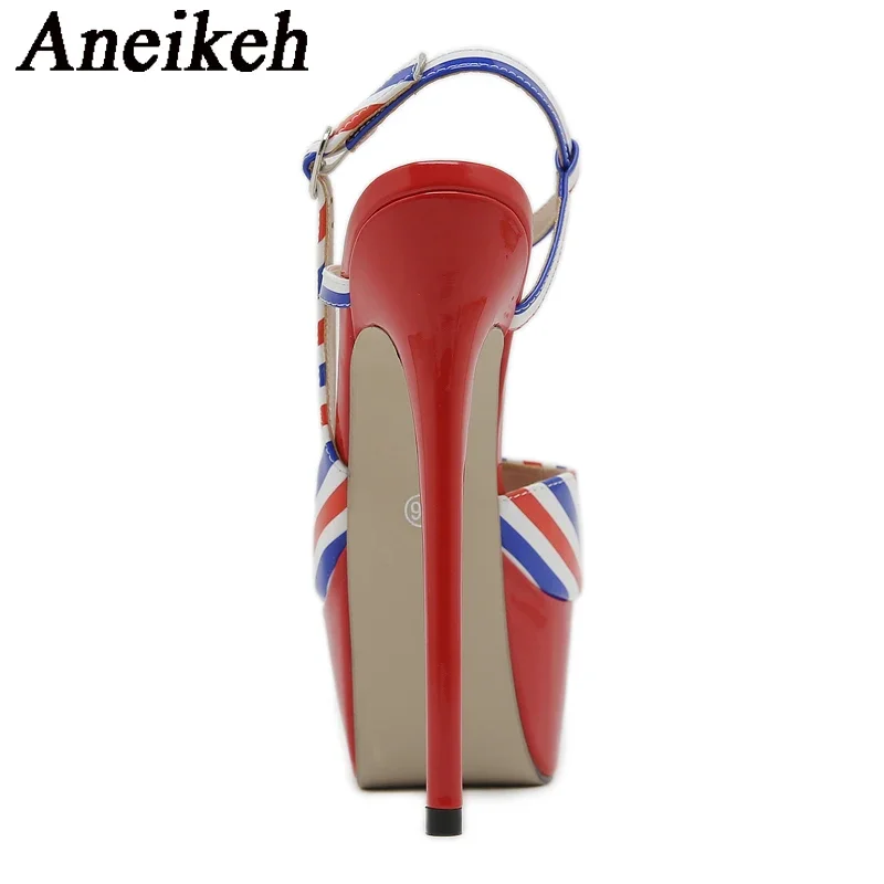 Aneikeh Fashion Color Striped Stiletto Heel Platform Women\'s Sandals Buckle Strap Nightclub Party Shoes Zapatillas De Mujer