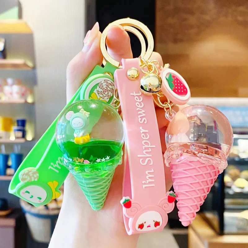 Cute Crystal Floating Multicolor Doll Key Chain Ice Cream Shape Keychain Car Bag Keyring Trinket Women Girl Lovely Pendant Gift