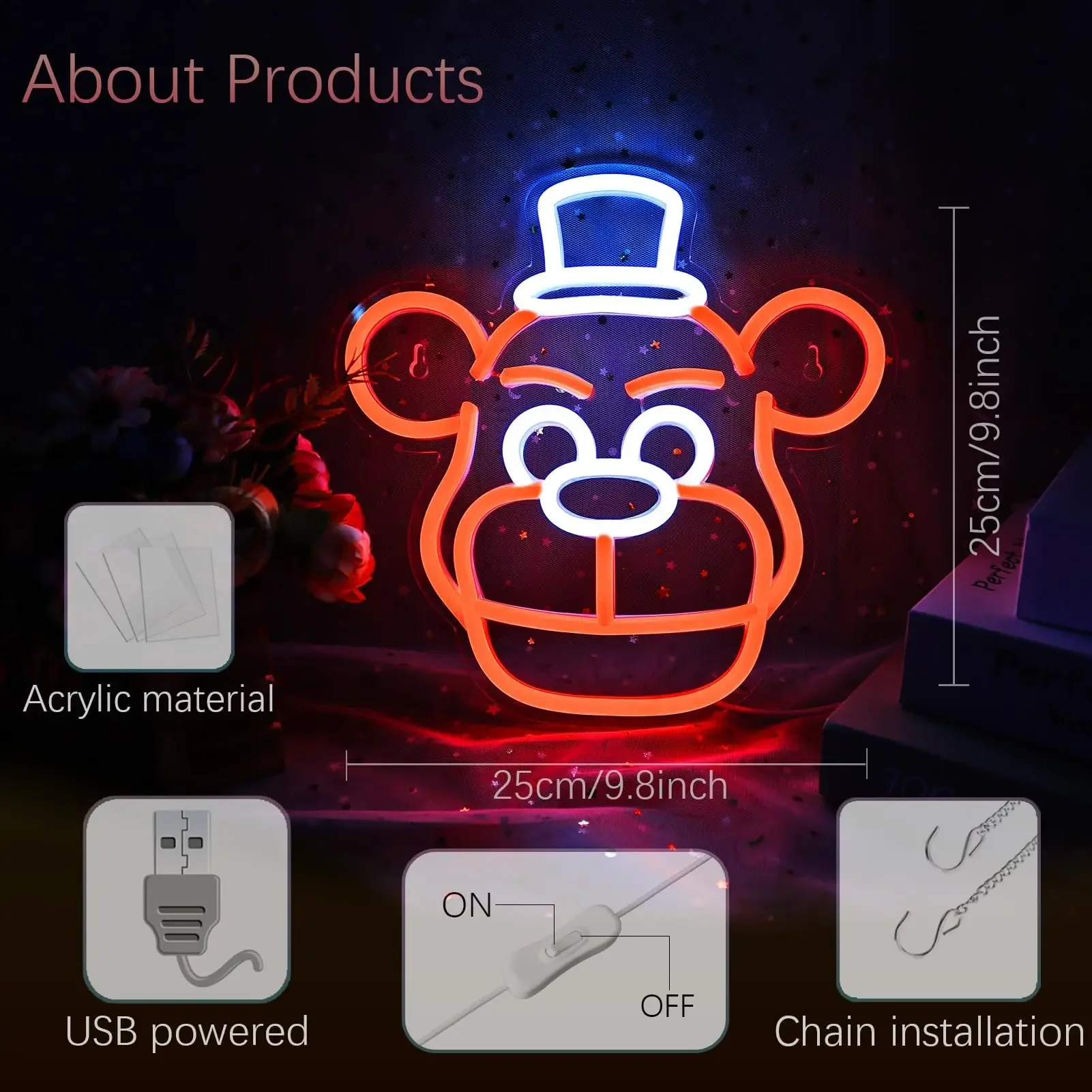 Anime Neon Light Cute Five Nights Bear Neon Sign for Wall Decor Bedroom, Children Birthday, Festival Decorations, USB Powered