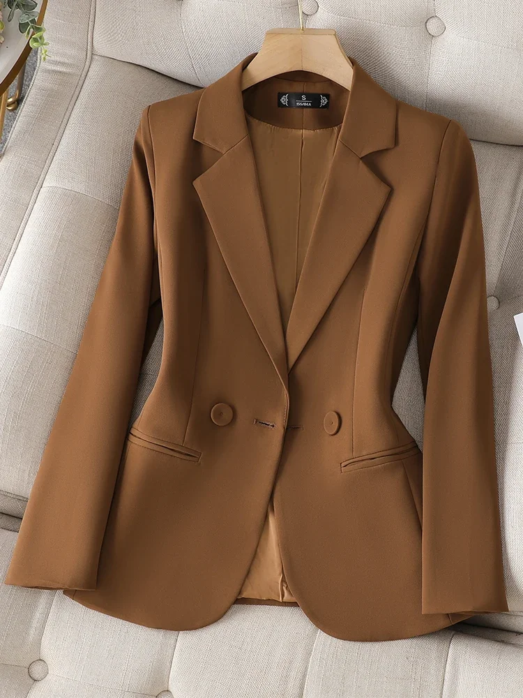 

New Spring Autumn Brown Black Blazer Women Long Sleeve Single Breasted Office Ladies Jacket Business Work Wear Formal Coat