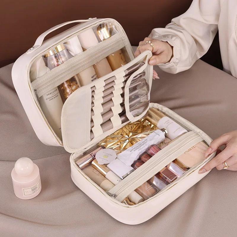 Makeup Bag PU Leather Double Layer Clear Cosmetic Bag Large Capacity Luxury Cosmetics Organizer Women's Travel Essentials