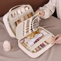 Bolsa de maquillaje de cuero PU, bolsa de cosméticos transparente de doble capa, organizador de cosméticos de lujo de gran capacidad, artículos esenciales de viaje para mujer