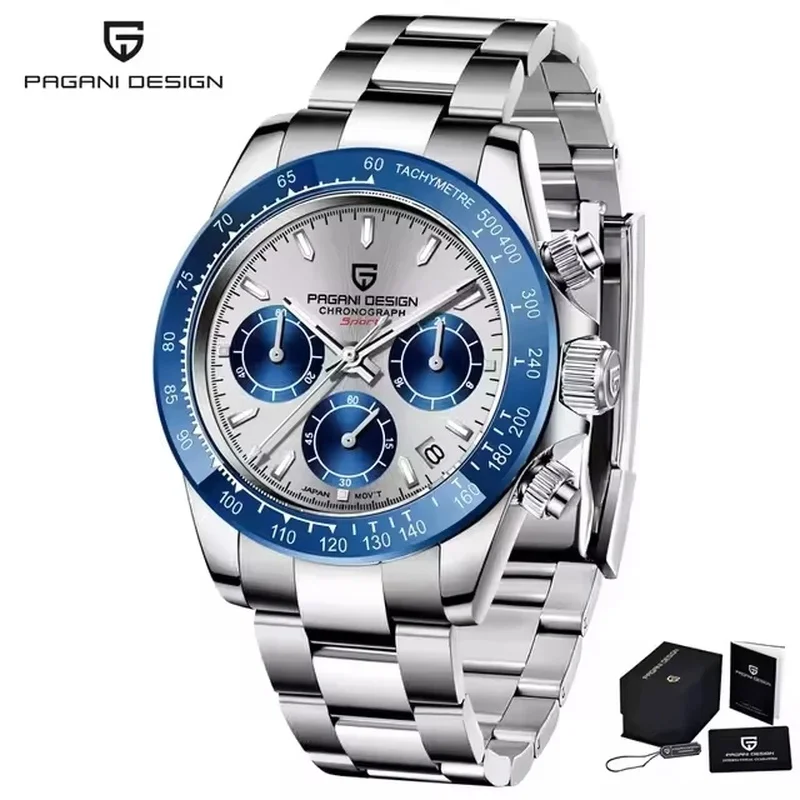 PAGANI DESIGN PD1644 Mens VK63 Chronograph Watch - Sapphire Glass 100M Waterproof Stainless Steel Sport Wristwatch