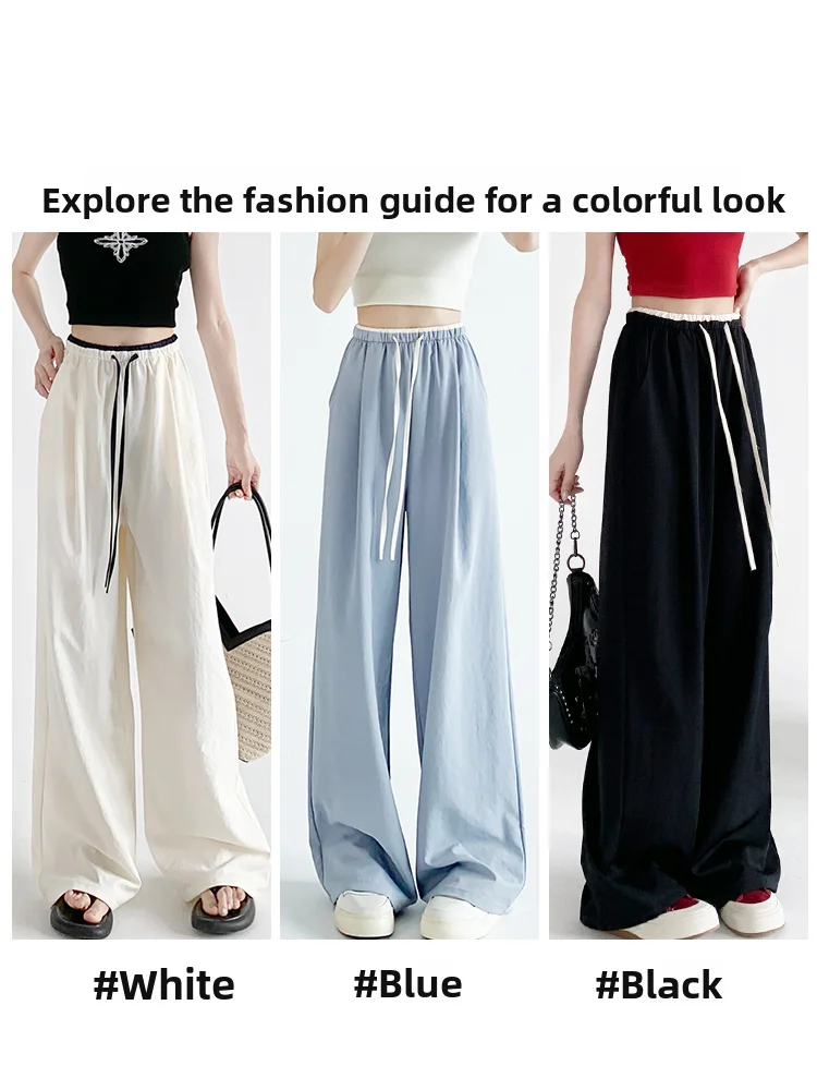 Pantaloni sportivi bianchi a gamba larga Pantaloni casual dritti in seta di ghiaccio con trama allentata autunnale sottile da donna Vita alta Colore Blo Casual Tr...