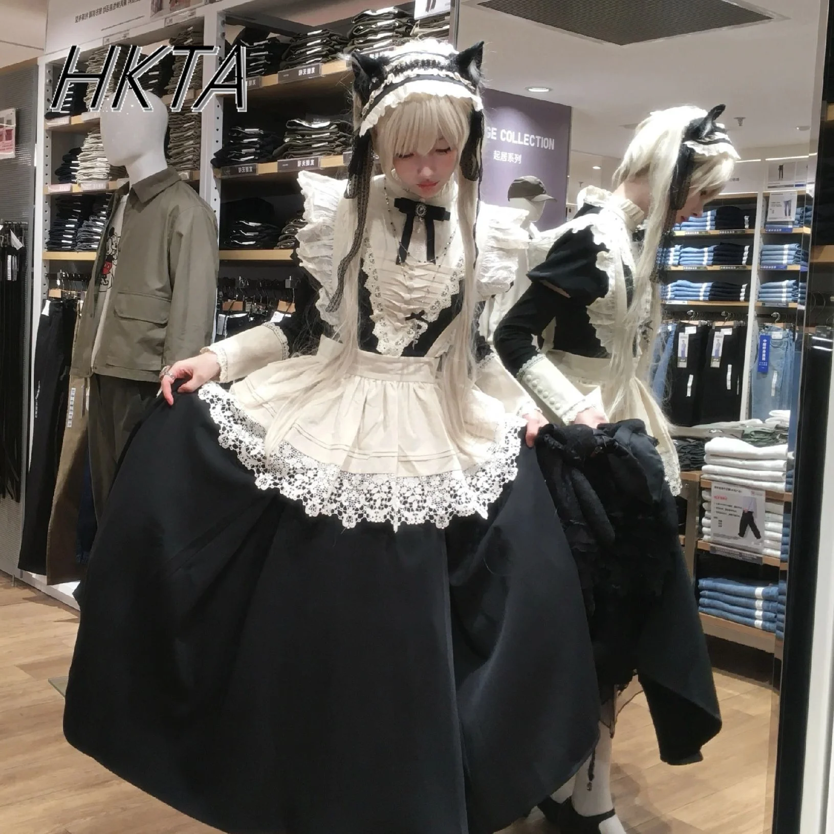 Lolita Grembiule staccabile Manica lunga Pizzo A Line Bow Abiti lunghi Donna Primavera Dolce e carino Cospiay Costume Maxi Abiti Ragazze