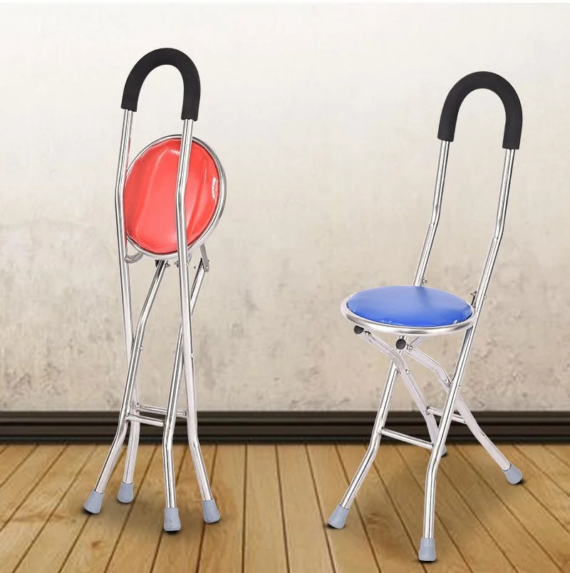 Elderly Cane Stool Stainless Steel Folding Cane Chair Walking Stick With Stool Disabled Crutches Stool with Seat