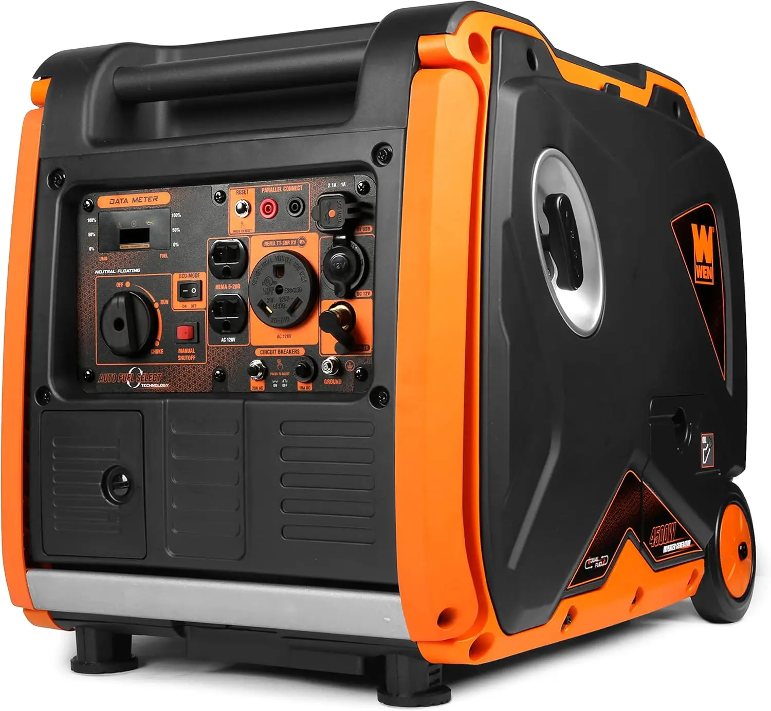 DF450i Super Quiet 4500-Watt Dual RV-Ready Portable Inverter Generator with Fuel Shut-Off Car Wheels and Carrying Handles