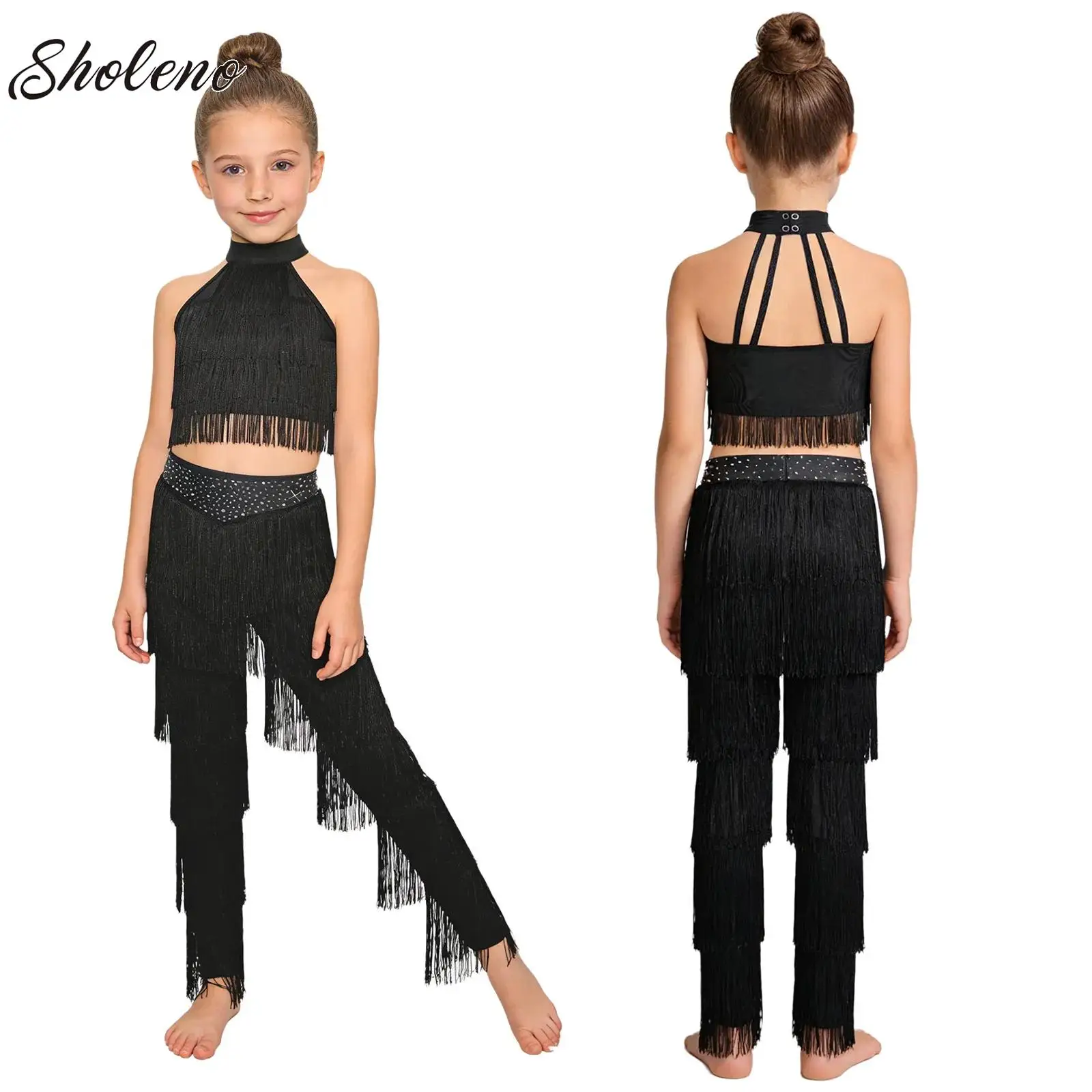 

Платье для латинских танцев, многоярусный топ с бахромой и брюки с бахромой, костюм для сальсы и самбы, детская одежда для занятий танцами для девочек