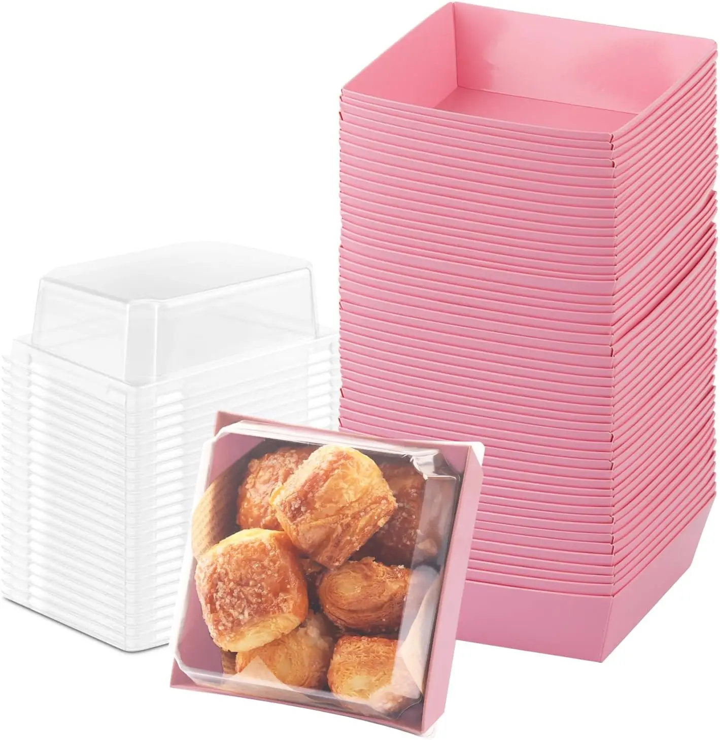 

50 Pack 4 Inch Pink Dessert Boxes with Clear Lids for Cookies, Cupcakes, Sandwiches, Cake Slice