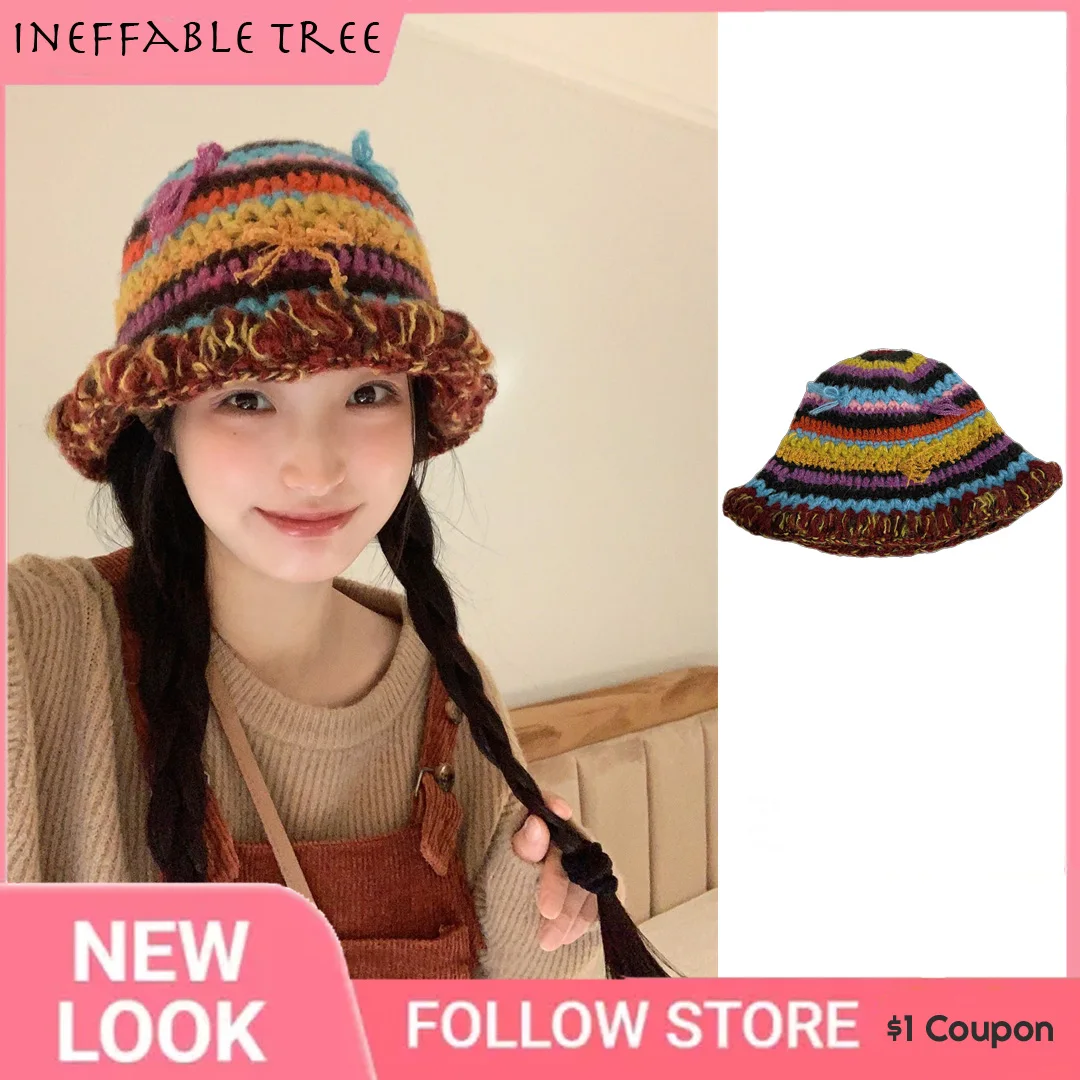 

INS Hand Hooked Colorful Striped Fisherman Hats for Women Female Retro Design Sense Niche Sweet Cute Knitted Bob Caps Casquette