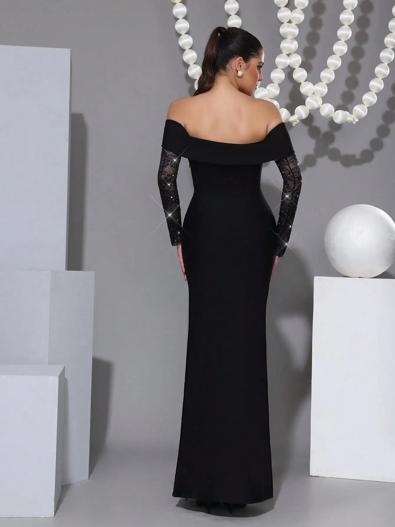 Robe Maxi à bandes noire élégante avec manches en dentelle, épaules dénudées, diamant, robes d'occasion formelles pour soirée de mariage
