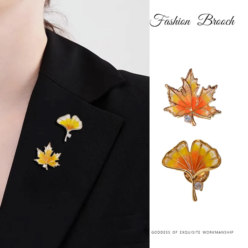 Enameled Red Maple Leaf Ginkgo Biloba Brooch High-end Classy Plant Lapel Pins for Women Clothing Accessories Weeding Party Gift