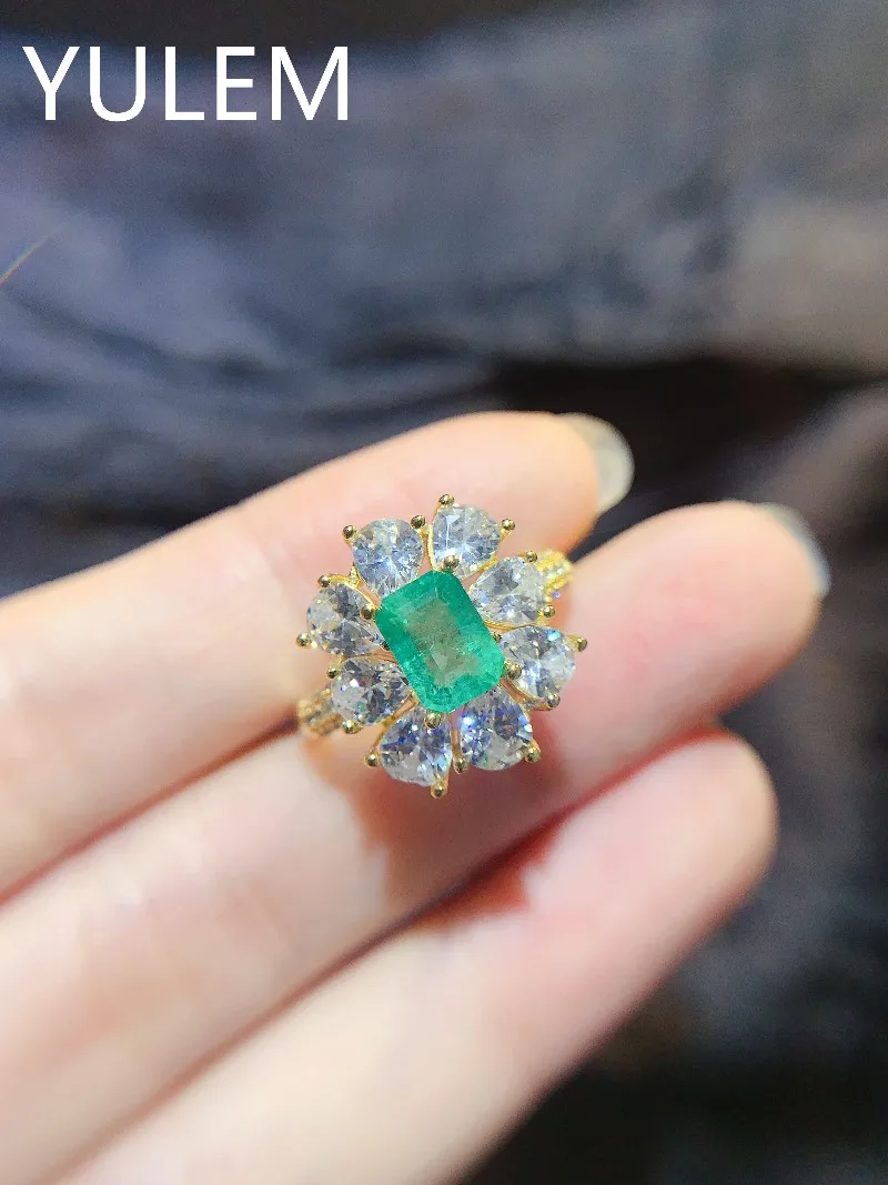 YULEM Silver 925 Ring for Women Natural Emerald 5x7mm Rectangle Jewelry Gemstone Rings for Women Daily Wear