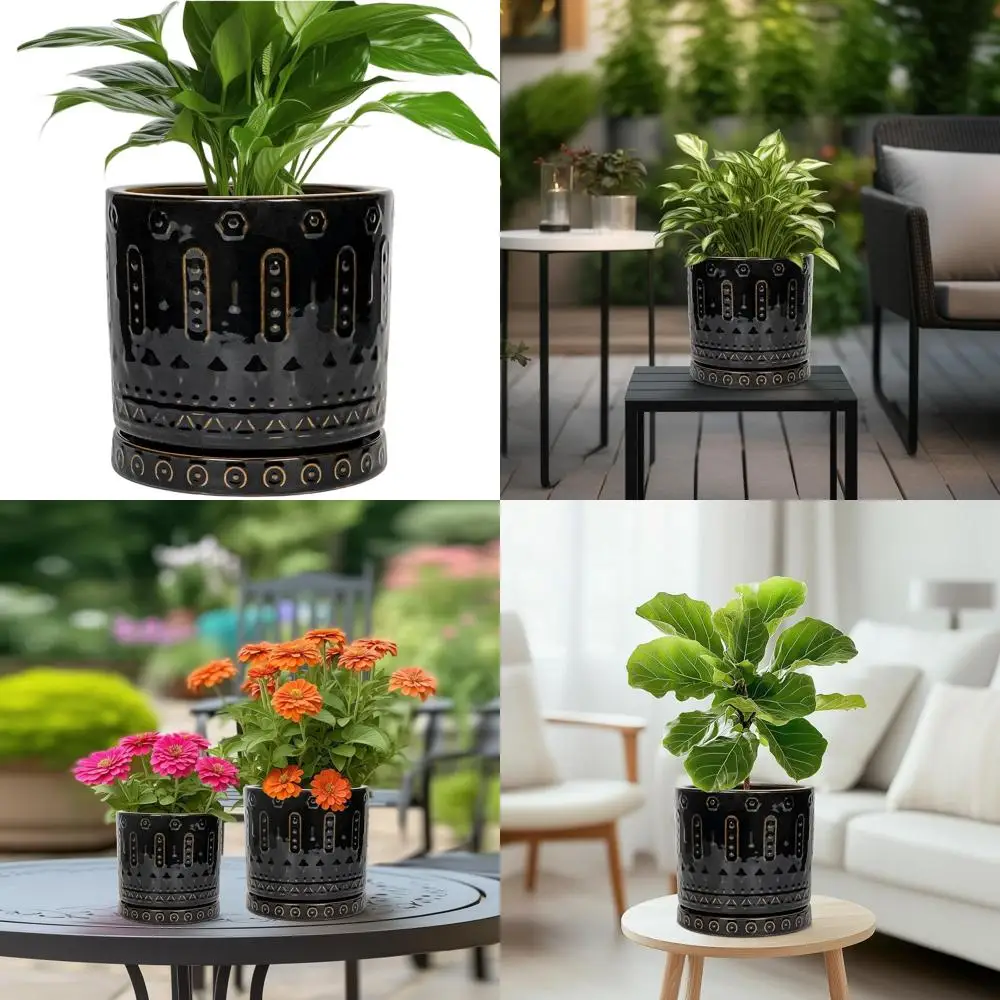

8 Bohemian Style Ceramic Planter with Drainage for Indoor & Outdoor Use, Black
