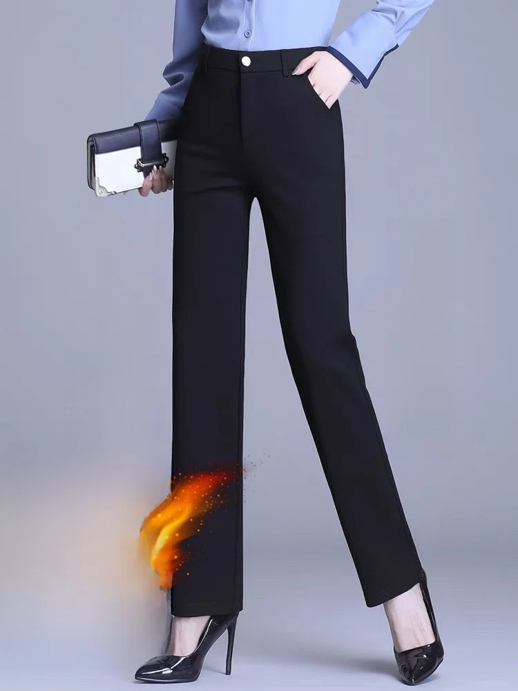 

Утепленные флисовые брюки с высокой талией и прямыми штанинами для женщин, осенне-зимние, профессиональные, черные, длинные, для офиса