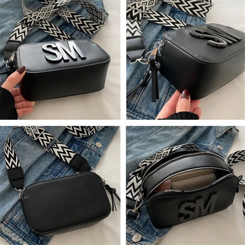 ファッショナブルで多用途なレザーレディースバッグ、カジュアルなシングルシックなショルダーバッグ、レターデザインの高級クロスボディバッグ、ワイドストラップ付き