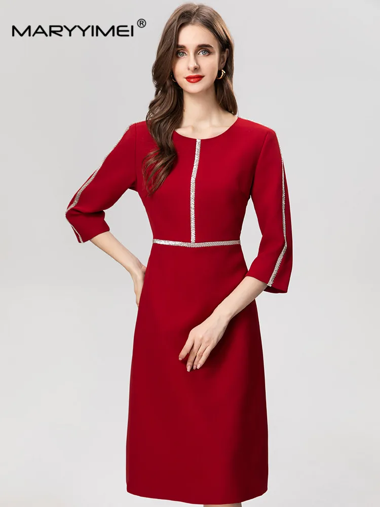 

MARYYIMEI Fashion Autumn Women's Dress Three Quarter sleeve Beading Solid color minimalist Slim Red S-XXXXL Dresses