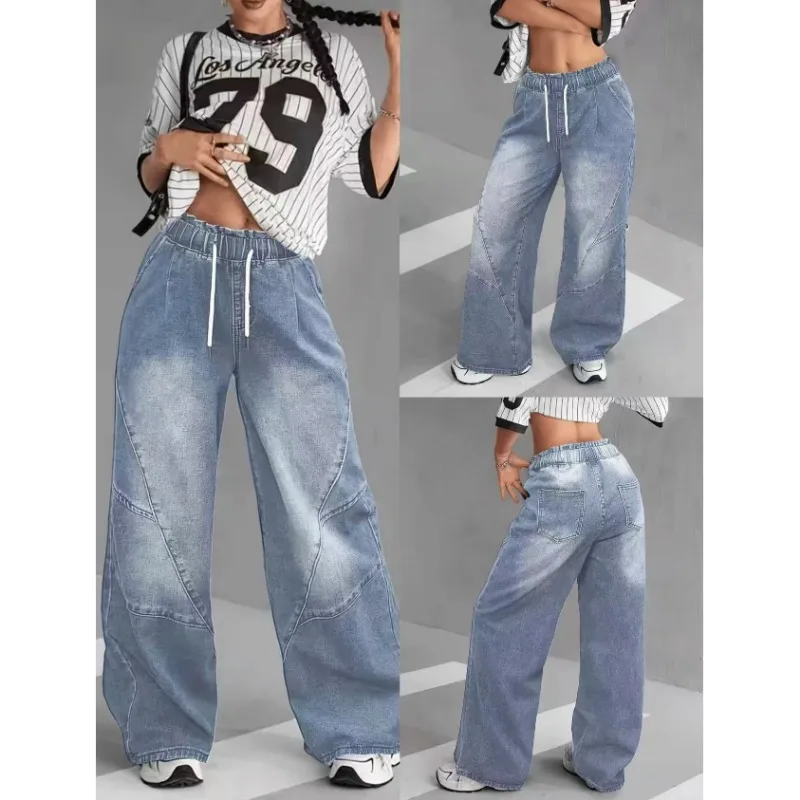 Light Blue Washed Spliced Wide Leg Jeans Women Elastic Drawstring Waist Deconstructed Loose Floor Length Denim Trousers