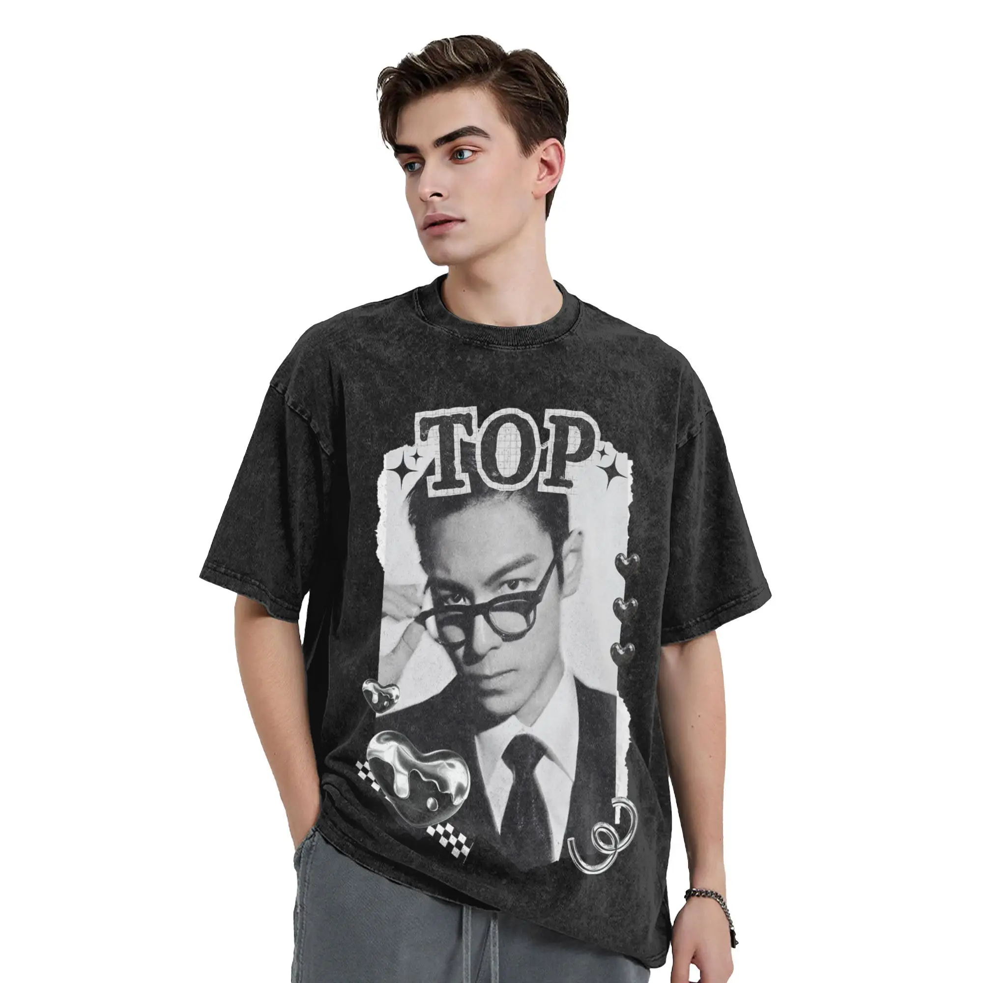 T.O.P Choi Seung hyun Korean Actor  Vintage Washed T-Shirt Men Cotton Tops Funny  Crewneck Short Sleeve