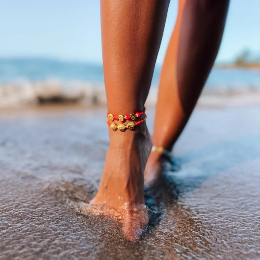 Bohemian Beach Style Metal Striped Small Snail Shell Anklet Handmade Weave Shells Beads Braceletes Trend Waterproof Foot Jewelry