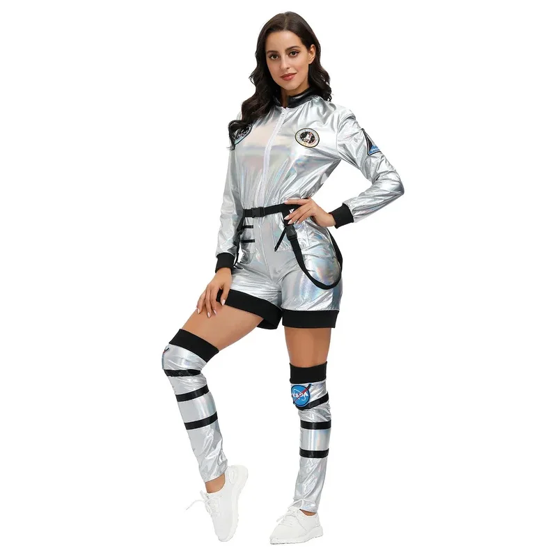 Srebrny kostium astronauty para Spaceman astronauta kombinezon kombinezon lotniczy dla kobiet mężczyzn Halloween Cosplay dorosły Pilot przebranie