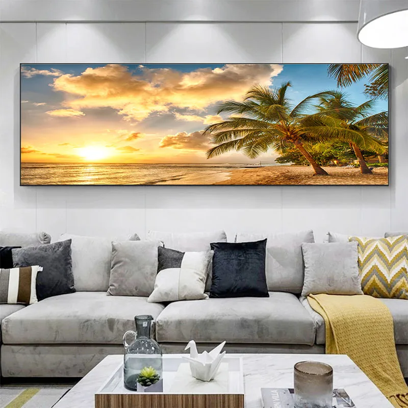 Sunsets Natural Sea Beach Coconut Palm Panorama Landscape Canvas Painting Posters and Prints Wall Art Picture for Living Room