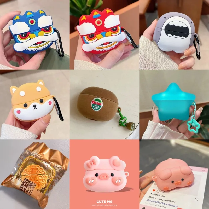 

Case for OPPO Enco Free 4 Cute Simulated Mooncake Kiwi Lion Dance Soft Silicone Headphone Protective Cover Shockproof with Hook