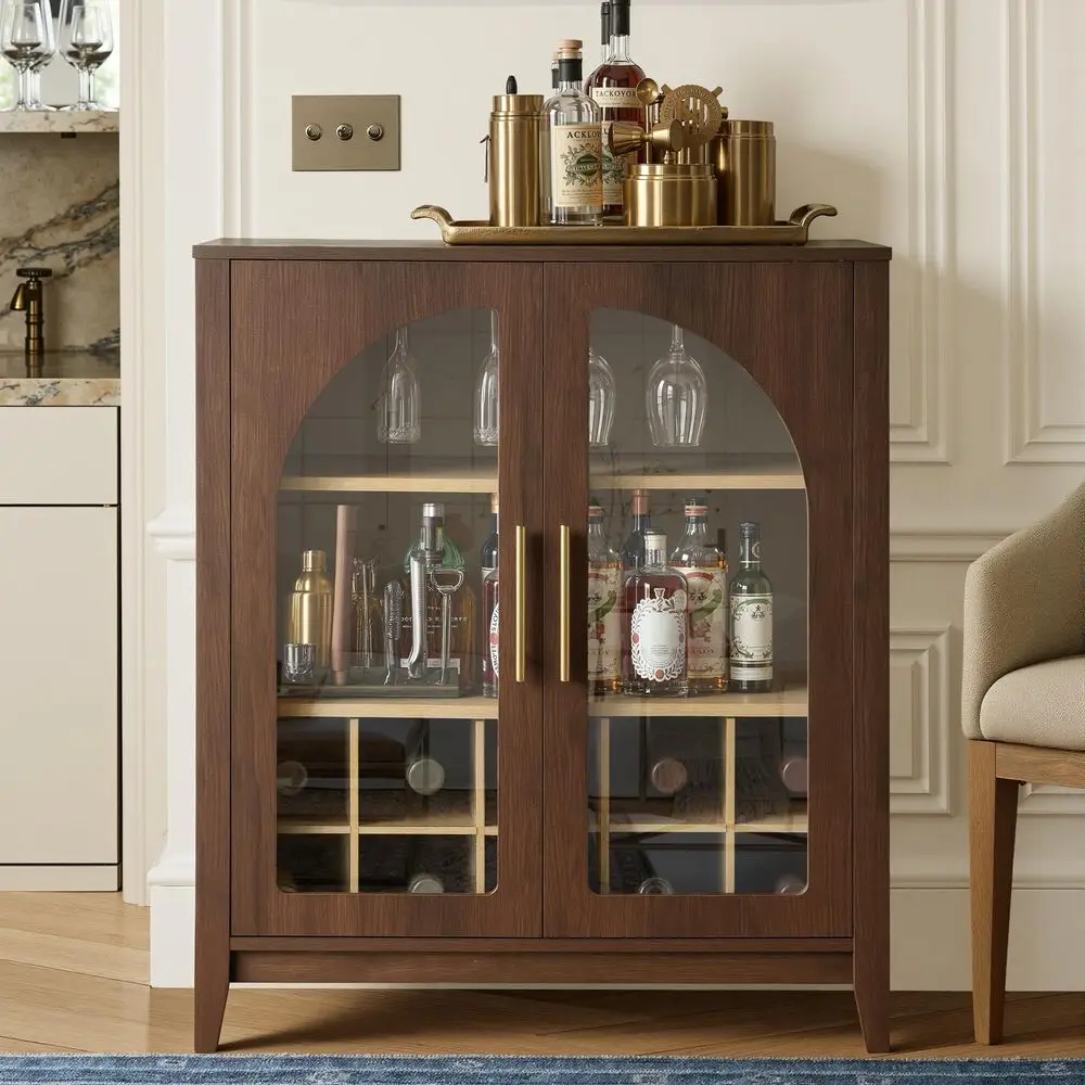 Tall Storage Cabinet Fluted Pantry Cabinets with Glass Doors, Wooden Kitchen Food Cupboard, Adjustable Shelves, Modern Display view 2
