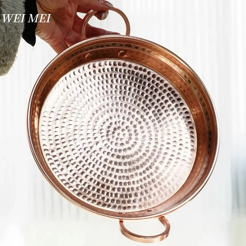 

Handcrafted Vintage Copper Fruit Plate,Portable Hammer Texture Circle Shape Bread Tray,Home Food Plate,Kitchenware Tableware