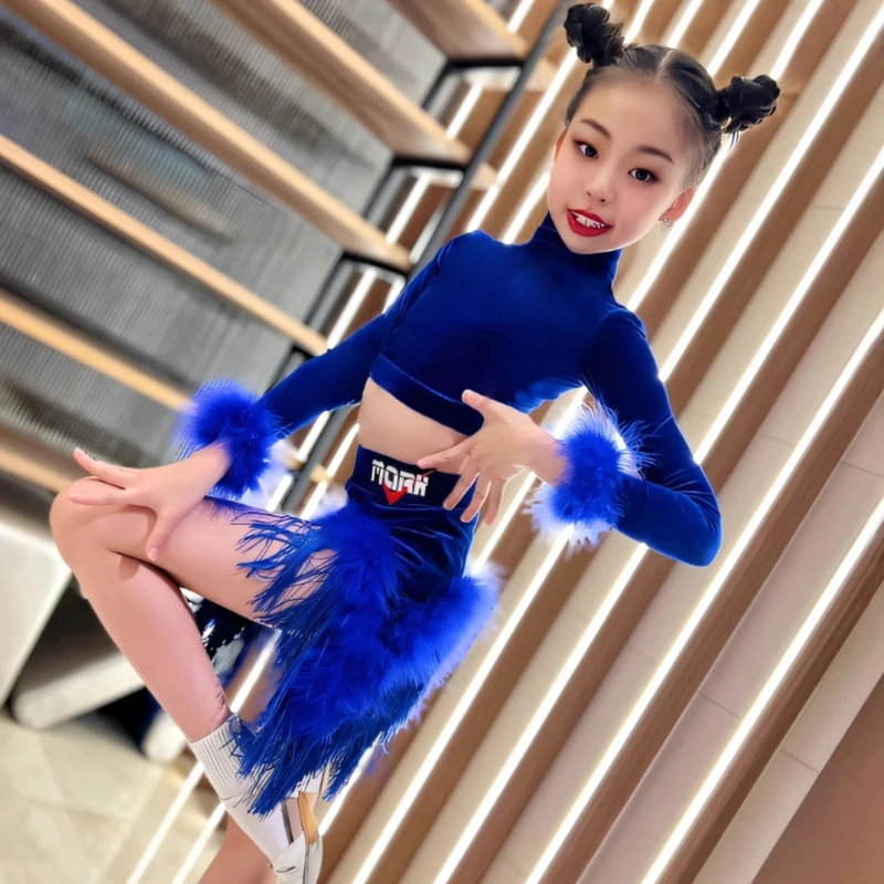 카우보이 삼바 룸바 댄스 투피스 세트 소녀용 무도회 댄스 대회 드레스 플러시 긴 소매 고급 라틴 댄스 드레스