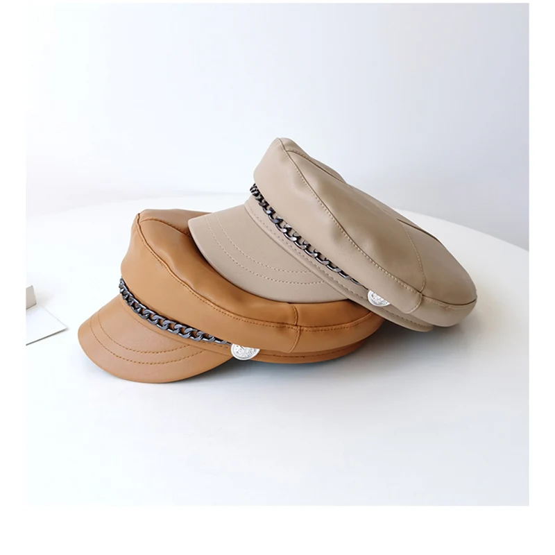Gorra octogonal de moda Ins con cadena de Metal decorativa, boina de cuero Pu rentable para mujer, sombrero con visera que combina con todo estilo Harajuku
