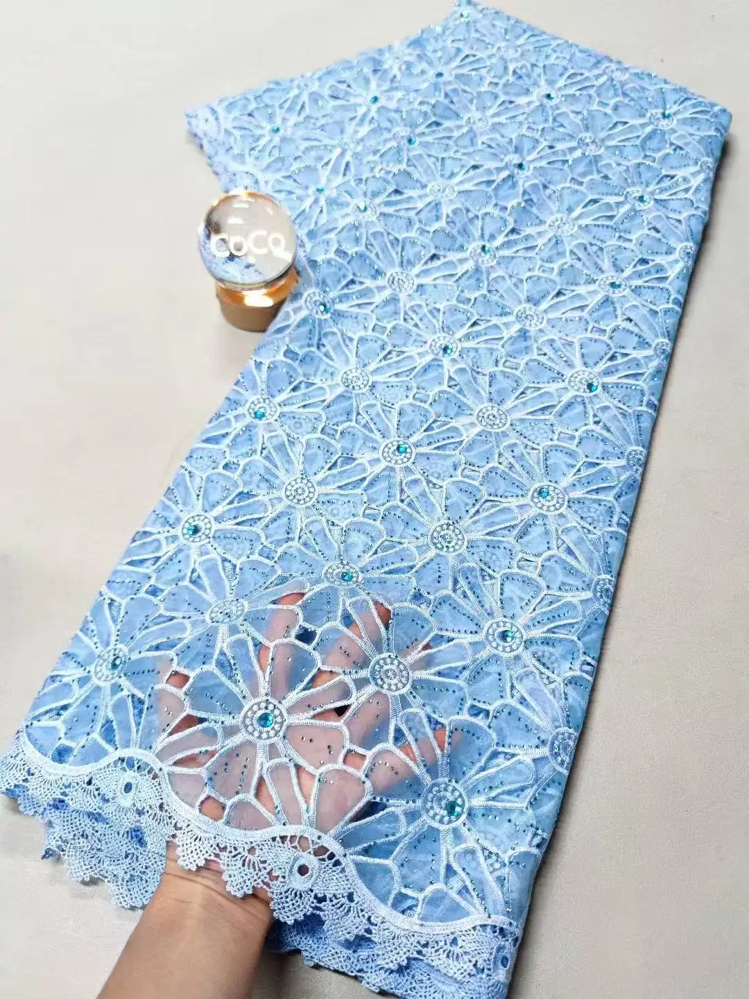 

2025 High-Quality Africa Nigerian Sequins Cotton Embroidery Lace Fabric Tulle 5 Yards for Wedding Party Dresses Chiffon Sewing