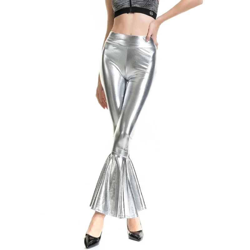 Mermaid Bell-bottom Stretch Faux Leather Trousers Women Fashion Dance Elastic Waist Bodycon Shiny Gradient High Waist Long Pants