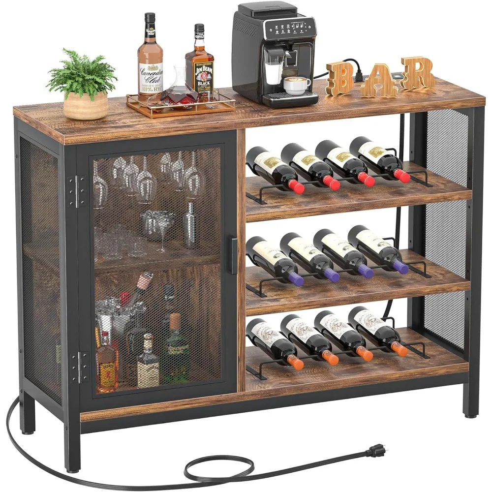 Wine Bar Cabinet with Power Outlets,for Liquor and Glasses,Farmhouse Bar Cabinet with Removable Wine Racks, Rustic Brown