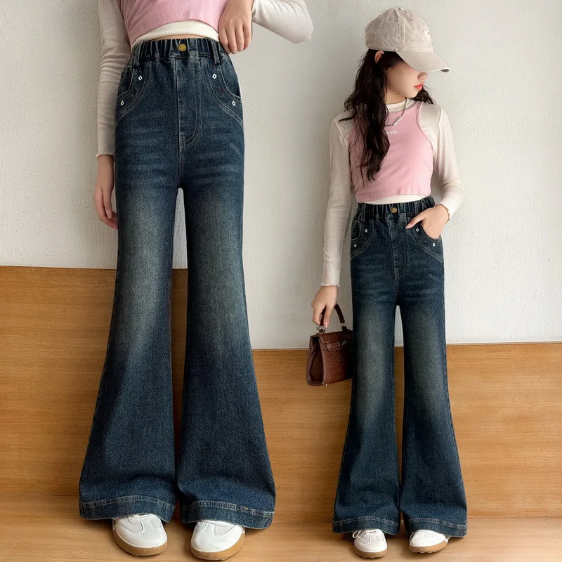 Children's Slim Bell Bottom Flared Jeans For Girls Boot Cut Denim Pants Kids Fashion Jeans Trousers with Side flower Embroidery