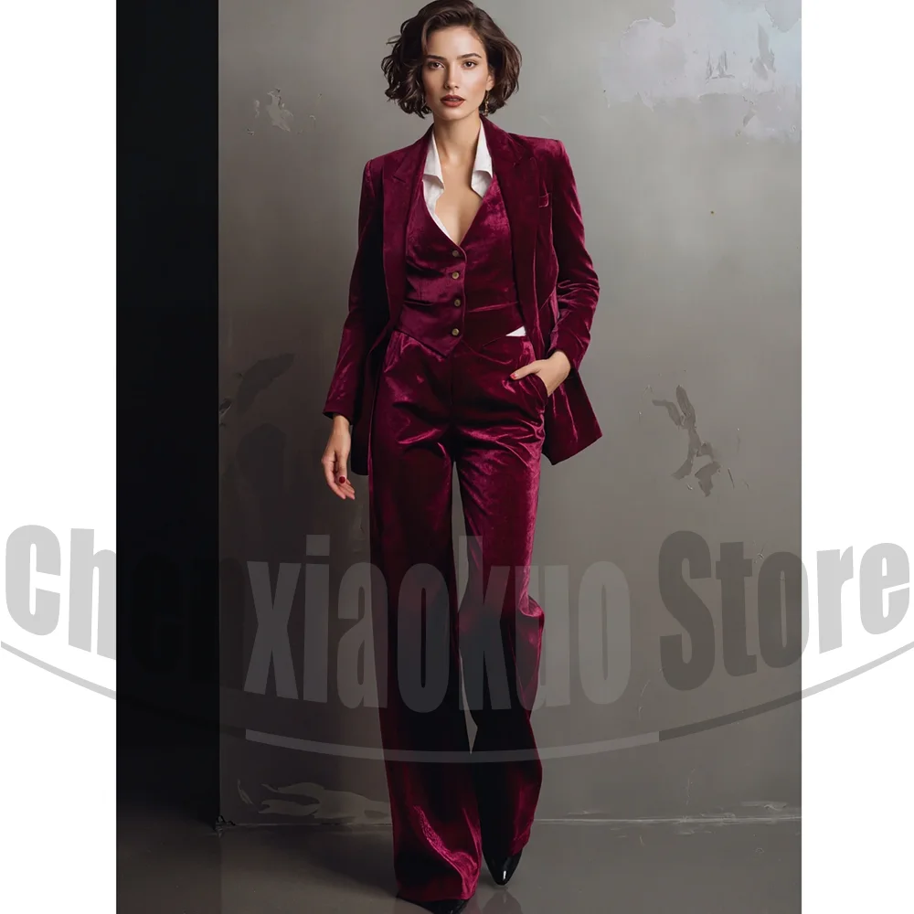 Women's Burgundy Velvet Suit Set Elegant Peak Lapel Single Breasted Wear for Evening Party Prom Business Casual Three Piece