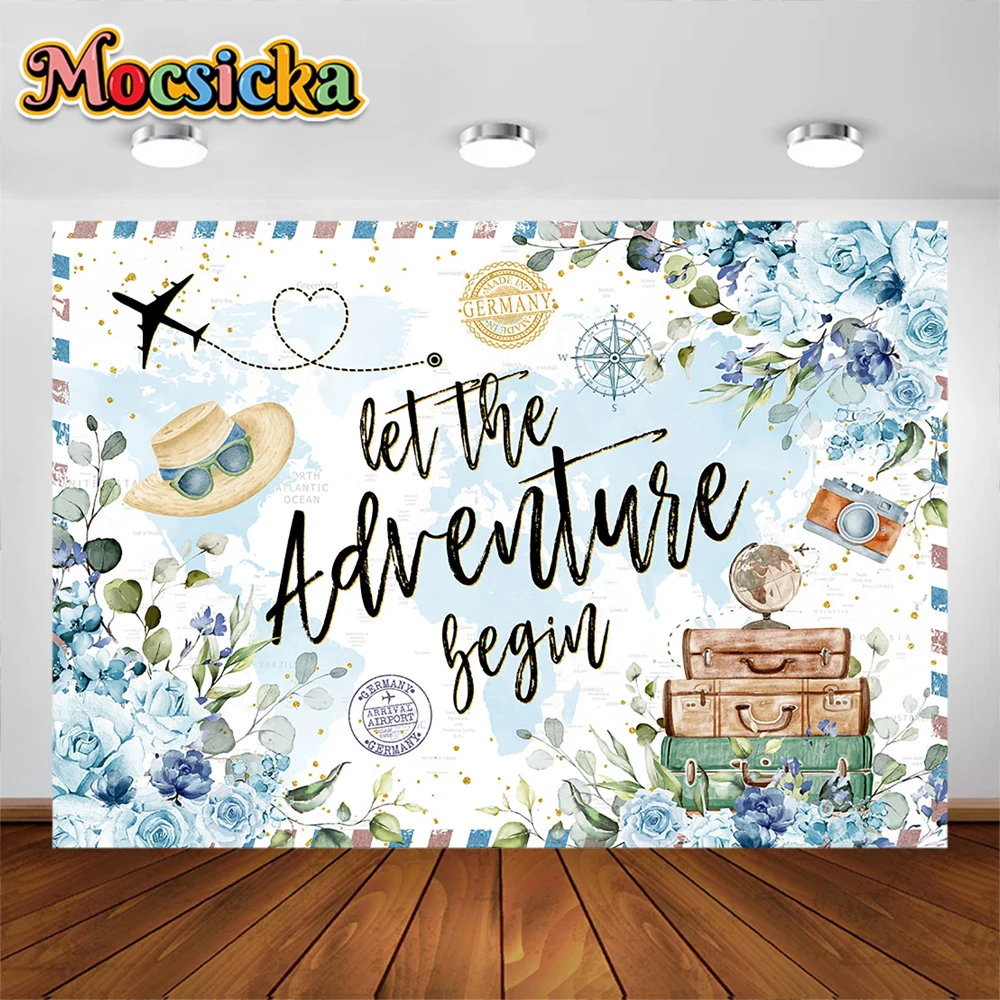 Petualangan menunggu latar belakang dunia perjalanan pesawat udara panas balon Baby Shower latar belakang bayi baru lahir pesta spanduk dekorasi