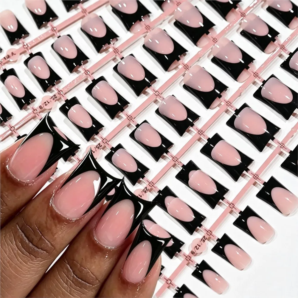 120pcs Glossy Black French Duck False Nails, Medium Tips