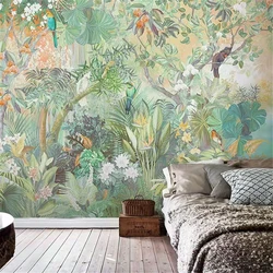 custom Tropical rainforest mural sofa TV background wall sticker Southeast Asia wall paper Viridiplantae parrot art 3D wallpaper