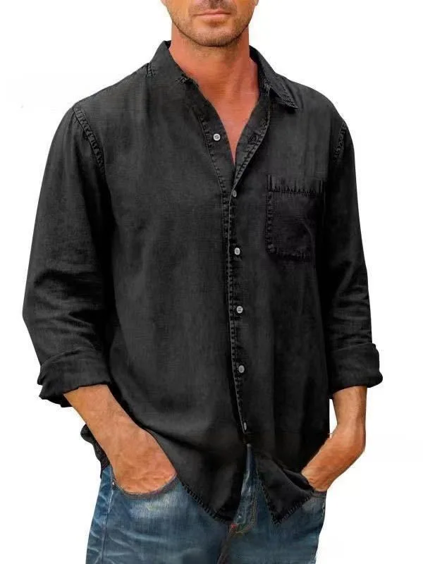 2023 Spring Autumn Men Shirts Cotton Denim Long Sleeve Casual Solid Color Laple Shirt Mens Fashion Vintage Jeans Shirt Tops