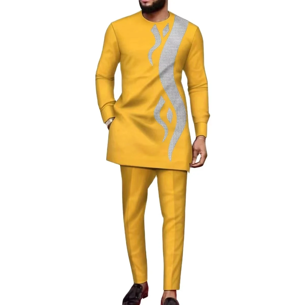 Traje caftán de verano para hombre, Top de manga larga con cuello redondo, pantalones, traje tradicional redondo africano, estilo nacional, novedad
