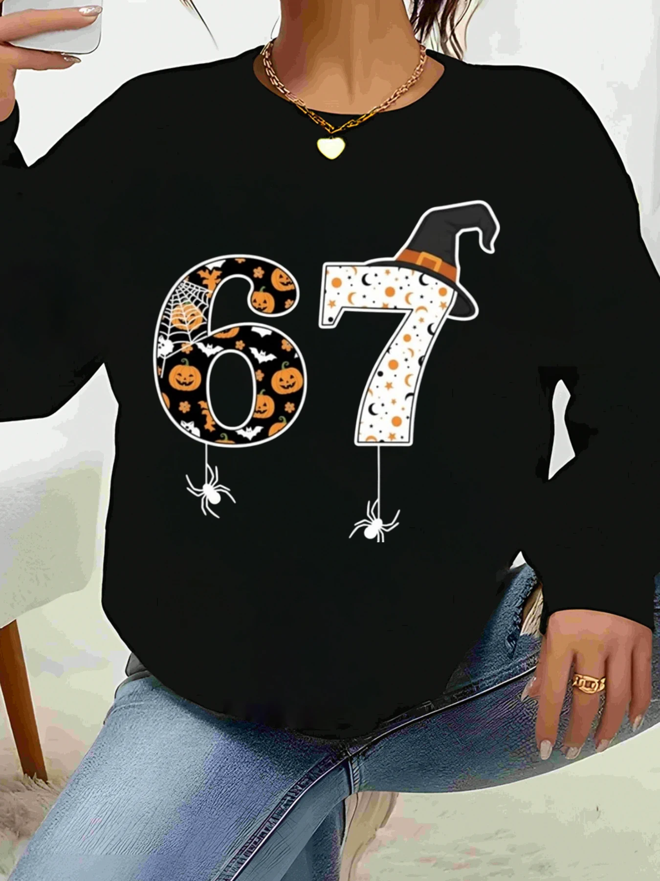 

Хэллоуин Тыква Паук Ведьма Шляпа Номер 67. Топ с длинными рукавами и принтом Хэллоуин Вечеринка Женский наряд