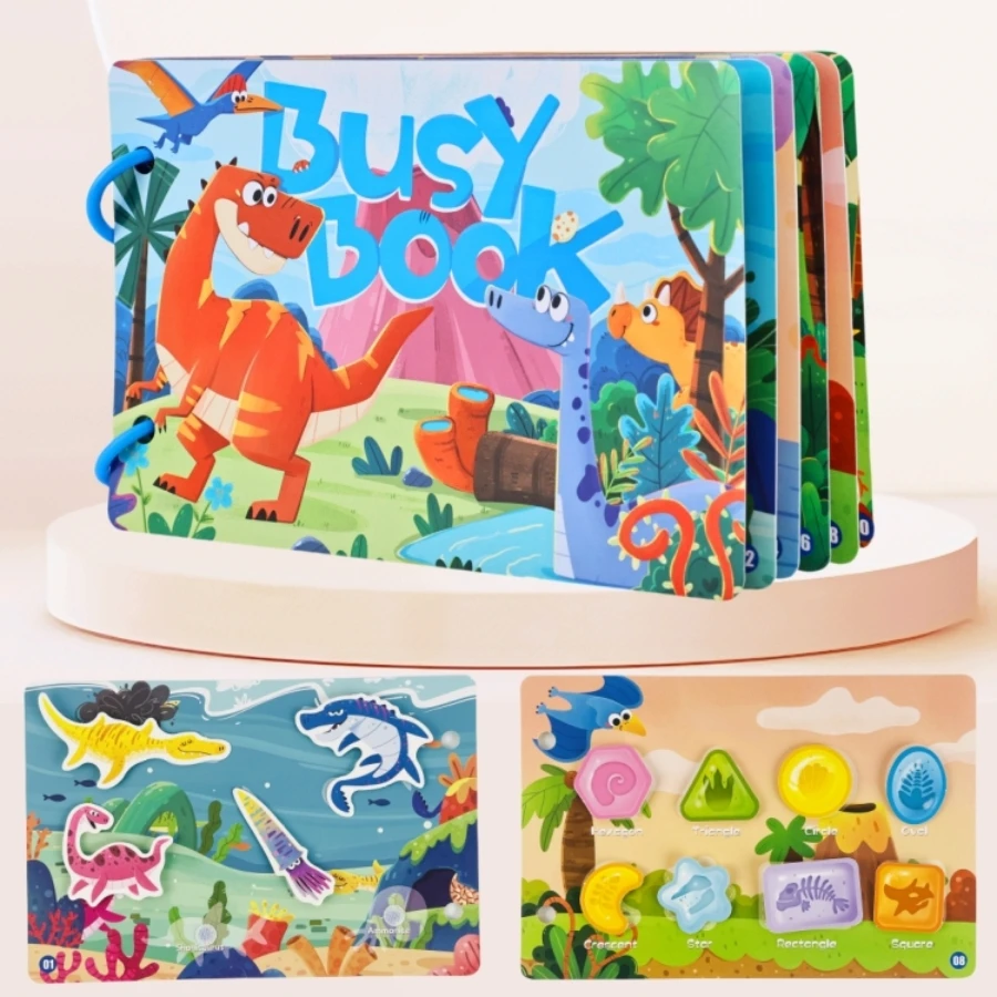 Children's Early Education Interactive Busy Book, Educational Quiet Book, Reusable Dinosaur-Themed Sticker Toys, Word Shape Matching, Color and Food Classification, Educational Puzzle Games, DIY Hands-On Ability Development, Suitable as a Gift for Boys and Girls Aged 3 and Above