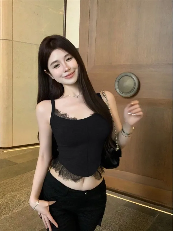 Fashionable Chic Short Lace Splice Camisole Tank Top Women's Inner Wear Slimming Design Comfortable Inner Wear Korean Style