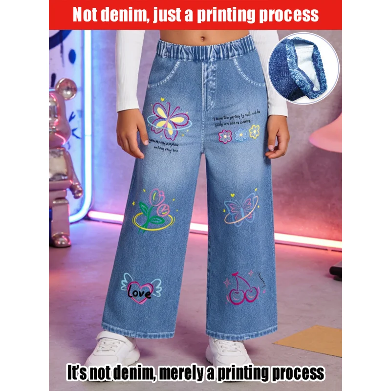 2026Children's Sweet Graffiti Imitation Jeans Children Back to School Leisure Fashionable Long Pants