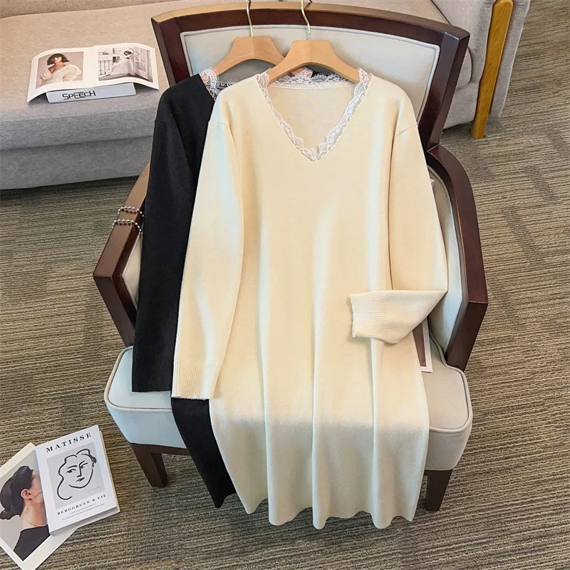

155Kg Plus Size Women's Bust 160 Autumn Winter Long V-Neck Lace Sweater Dress Black Apricot 4XL 5XL 6XL 7XL 8XL 9XL