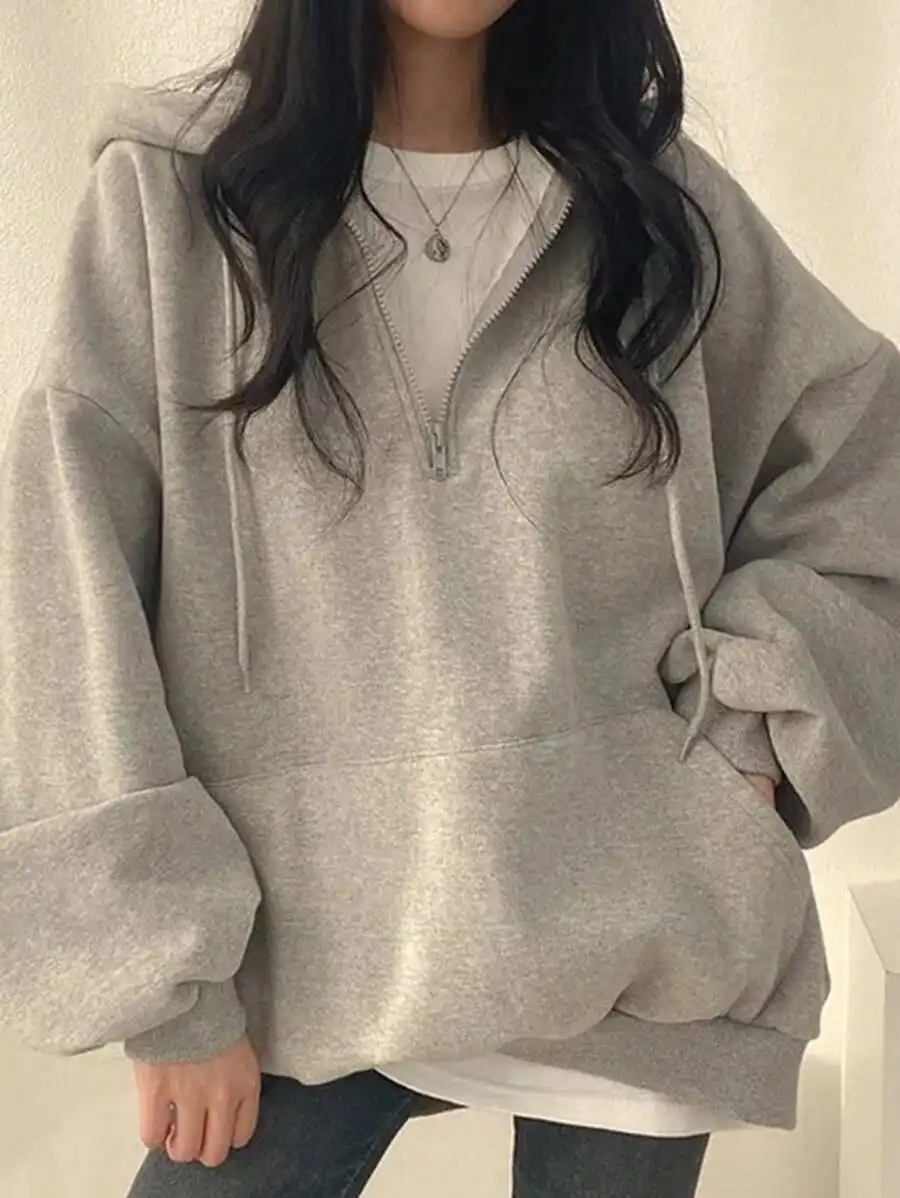 

Оверсайз худи на молнии до середины груди с карманом-кенгуру, повседневный пуловер для осени и зимы