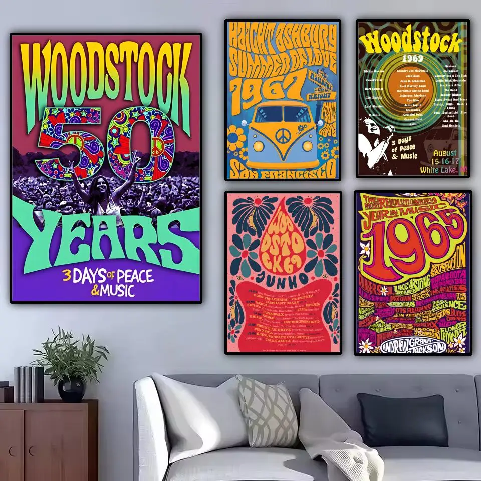 Woodstock Rock Festival Painting Calligraphy Canvas Poster: Crease Free Waterproof Durable All Space Wall Decor