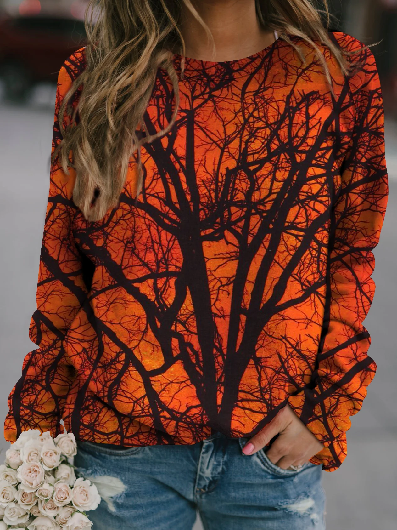 꽃무늬 스웨트셔츠 자연 풍경 그림 3D 프린트 여성 캐주얼 래글런 긴팔 풀오버 하라주쿠 탑 여성 의류