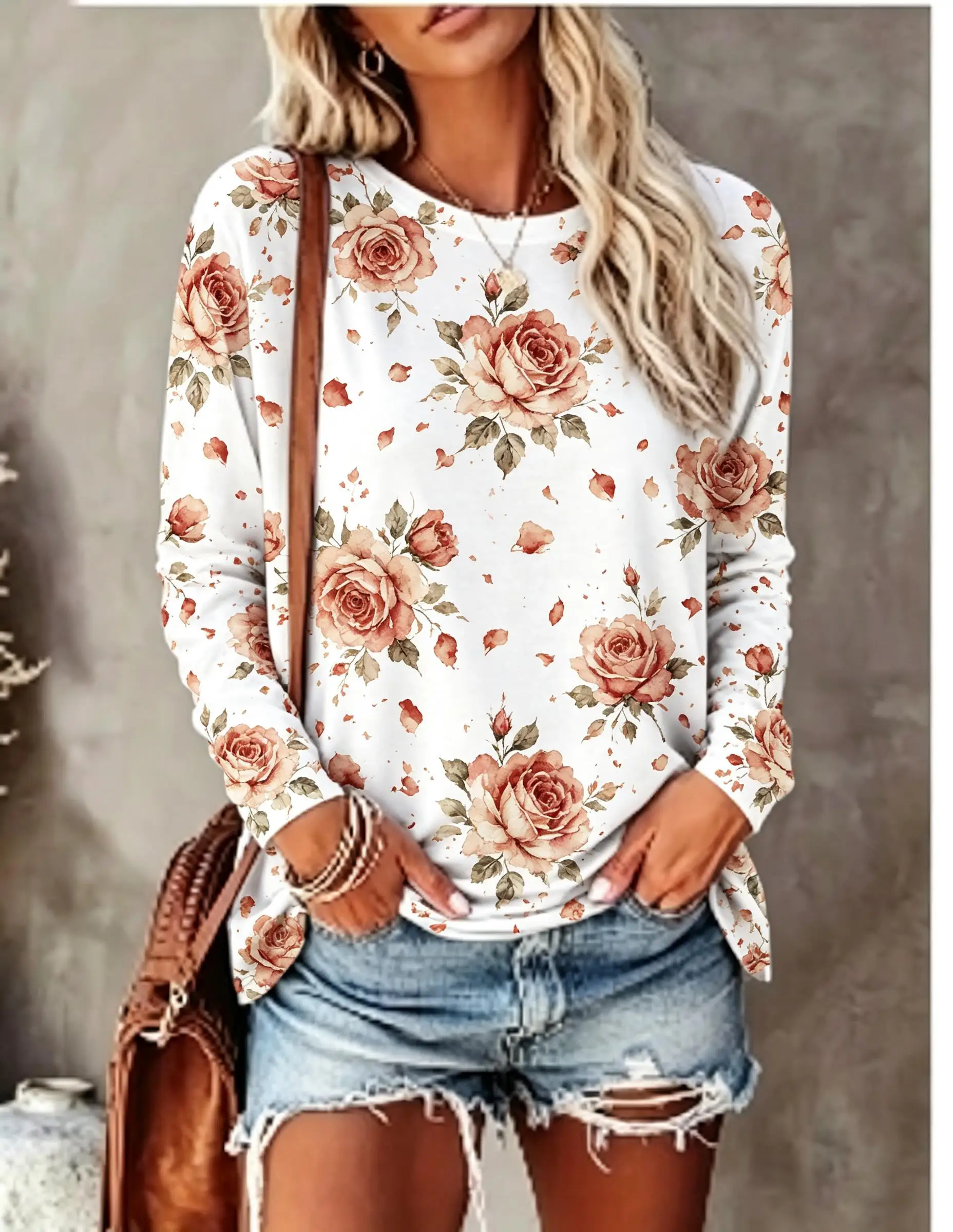 Women Long Sleeve T‑Shirt Vintage Watercolor Rose Floral Full Print Crew Neck Casual Fall Tops